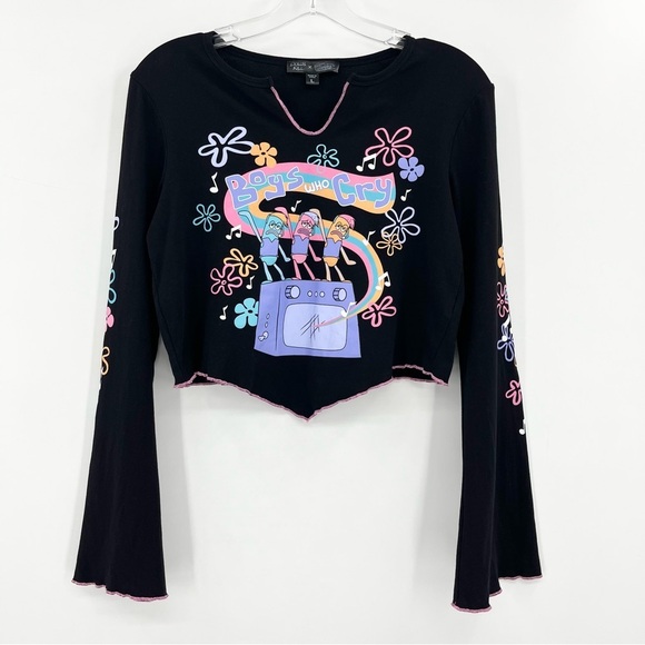 Dolls Kill Tops - Dolls Kill X SpongeBob SquarePants Bell Sleeve Cropped Graphic Knit Tee